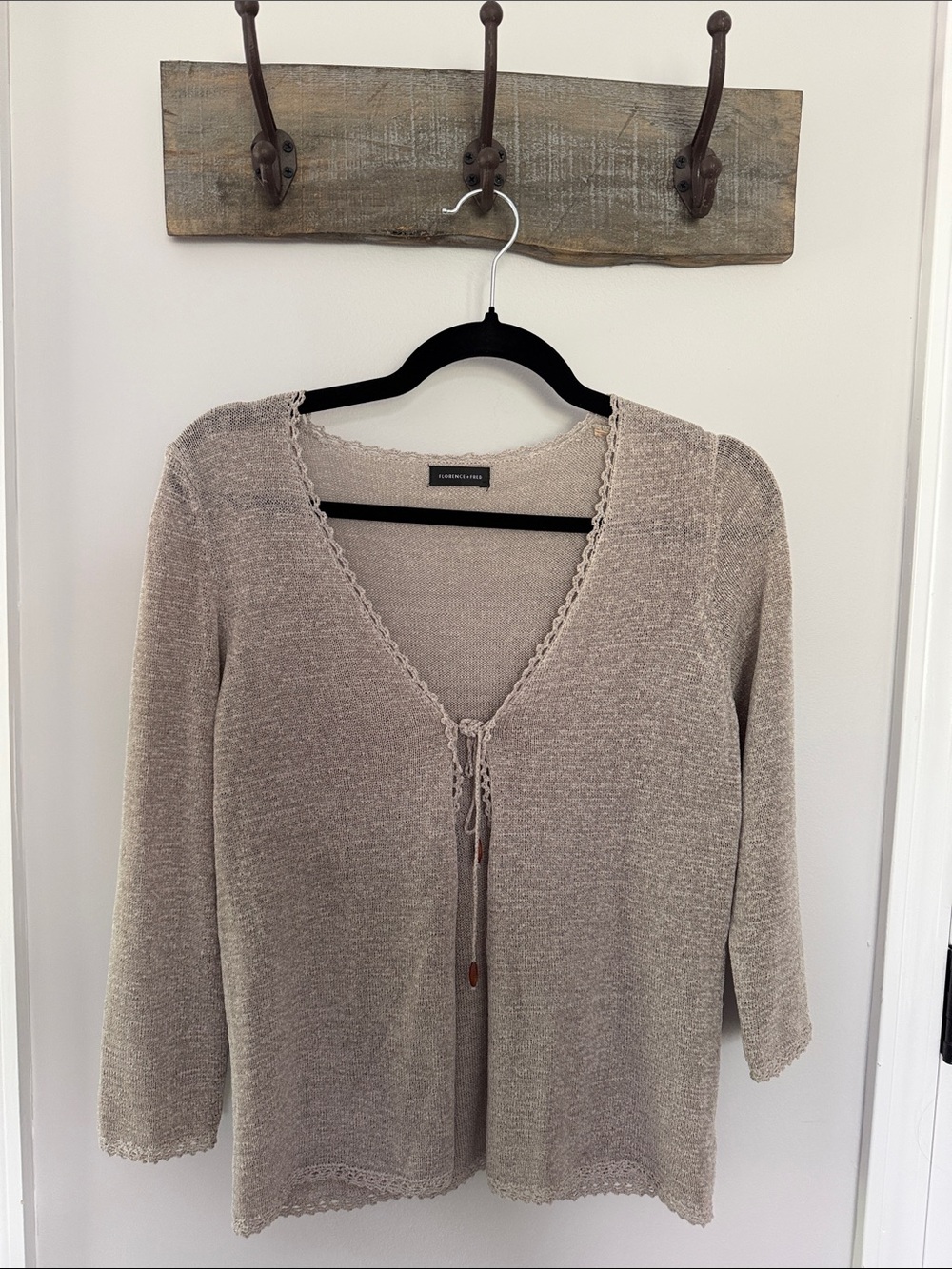 Florence + Fred Lightweight Crochet-Trim Knit Cardigan in Taupe Size 12